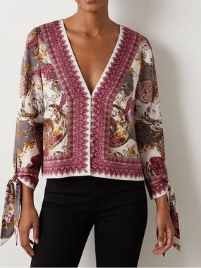 Free People White and Burgundy Printed Wrap Blouse